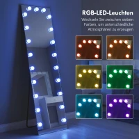HOMCOM Ganzkörperspiegel 150x40 cm RGB-LED Standspiegel mit 21 Glühbirnen 7 Lichtfarbe Touch-Schalter Memory-Funktion(m-4)