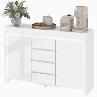 HOMCOM Buffet salon, meuble de rangement avec éclairage LED 4 tiroirs portes à fermeture douce 120 x 34 x 80 cm, blanc brillant(m-1)