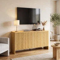 HOMCOM Bufet living, mobilier de depozitare cu 4 uși canelate, raft reglabil, deschidere prin apăsare, 147x40x77cm, stejar(m-5)
