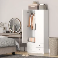 HOMCOM Kleiderschrank, 2 Türen, Hängebereich, Kleiderstange, 2 Schubladen, MDF, Weiß(m-9)