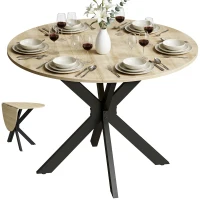 HOMCOM Runder klappbarer Küchentisch für 2–6 Personen mit klappbarem Flügel Stahlgestell Doppel-X Ø110x76 cm Natur(m-7)