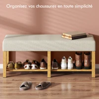 HOMCOM Banc à chaussures, banc de rangement avec siège rembourré, étagère ouverte, bois d'hévéa, 120x44x48cm, bois naturel(m-5)