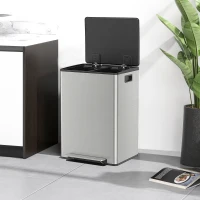 HOMCOM Mülleimer mit 2x30L Fächern, Soft-Close-Deckel, Fingerabdrucksicher, Edelstahl, Silber(m-8)