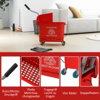HOMCOM 20 L Mopp-Eimer mit Auswringer und Griff, Wischmopp-Eimer auf Rädern, Kunststoff, Rot(m-8)