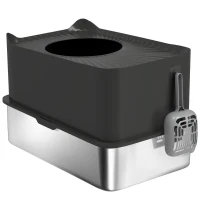 PawHut Bac à litière pour chat en acier inoxydable 85L grande capacité maison de toilette semi-fermée, 60 x 40 x 38 cm noir(m-1)