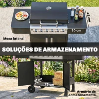 Outsunny Barbecue a Gás Barbeceu com 6 Queimadores 15 kW Termómetro 2 Prateleiras Laterais eArmário 135x51x101 cm Preto(m-7)