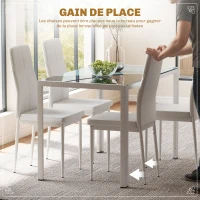 HOMCOM Ensemble table à manger et chaises pour 4 personnes, plateau rectangulaire en verre, pour cuisine salon maison, blanc(m-4)
