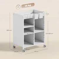 HOMCOM Bücherregal auf Rollen, 4-stufig, verstellbare Regalböden & Hängekörbe für Home Office und Wohnzimmer, Weiß(m-3)