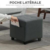HOMCOM Repose pied salon, ottoman, siège rembourré capitonné en tissu aspect lin avec poche latérale, 35 x 35 x 35 cm, gris(m-5)
