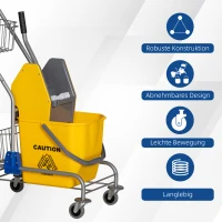 HOMCOM Reinigungseimer, Wischmoppeimer, rollbar, Kunststoff, Metallgriff, Gelb(m-7)