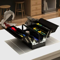 DURHAND Boite à outils métallique - coffret à outils - caisse à outils 3 niveaux 5 plateaux rétractables - tôle acier noir(m-10)