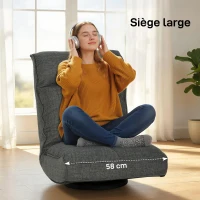 HOMCOM Fauteuil de sol pliable pivotant à 360°, chaise de sol rembourré avec dossier réglable en 5 positions, 58x107x79cm, gris(m-5)
