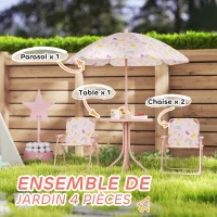 AIYAPLAY Ensemble salon de jardin extérieur enfant 4 pièces, motif arc-en-ciel et fleur, parasol réglable Ø 100cm, chaise pliable(m-4)