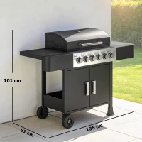 Outsunny Barbecue a Gás Barbeceu com 6 Queimadores 15 kW Termómetro 2 Prateleiras Laterais eArmário 135x51x101 cm Preto(m-3)