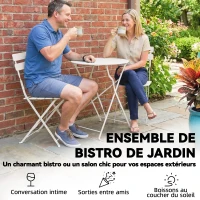 Outsunny Ensemble Bistrot de Jardin 3 Pièces Table et 2 Chaises Pliantes à Lattes Double Protection Antirouille Crème(m-5)