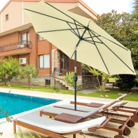 Outsunny Parasol de Jardin Extérieur Rond Ø 265 cm, Lumières LED Solaires, Manivelle Inclinable, Mât en Acier, 8 Baleines, Beige(m-10)