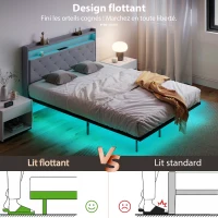 HOMCOM Cadre de lit 140 x 190 cm avec sommier acier, lit 2 personnes flottant avec lumières LED RGB et station de charge, gris(m-4)