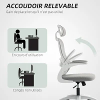 HOMCOM Chaise Bureau Ergonomique, Fauteuil de Bureau en Maille avec Accoudoirs Rabattables, Hauteur Réglable, 64x62x115cm, Gris(m-8)