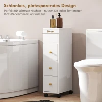 HOMCOM Badezimmerschrank Schmal, Badschrank mit 4 Rollen, 3 Schubladen, 5 offenen Fächern, 20x40x80cm, Weiß(m-7)