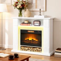 HOMCOM Camino Elettrico 1800W Regolabile con Fiamma 3D, Ripiano, Timer e Telecomando, 105x27x97 cm, Bianco(m-2)