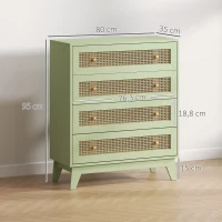 HOMCOM Cómoda 4 cajones mueble de almacenamiento tejido de ratán aspecto madera clara 80 x 35 x 95 cm verde(m-3)