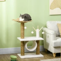 PawHut Arbre à chat griffoir sisal naturel tunnel plateforme style cosy chic quenouille peluche polyester 56 x 40 x 91cm beige(m-10)