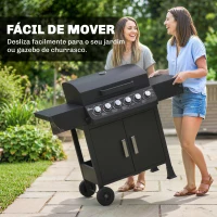 Outsunny Barbecue a Gás com 6 Queimadores 15 kW Termómetro Armário Grelha de Aquecimento Bandeja de Recolha de Gordura 2 Rodas 135x51x101 cm Preto(m-8)
