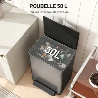 HOMCOM Poubelle cuisine 50L, poubelle à pédale, seau intérieur amovible, couvercle à fermeture douce, 41,7x36,6x62cm, argent(m-4)