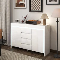 HOMCOM Buffet salon, meuble de rangement avec éclairage LED 4 tiroirs portes à fermeture douce 120 x 34 x 80 cm, blanc brillant(m-10)
