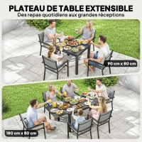 Outsunny Salon de Jardin 7 Pièces Table Extensible Aluminium 6 Chaises Empilables Textilène Rembourré 90/180 x 80 x 75 cm Gris(m-4)