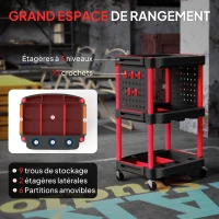 HOMCOM Chariot d'atelier servante atelier à 3 niveaux pour garage, entrepôt, outils de bricolage, charge 91 Kg, noir et rouge(m-4)