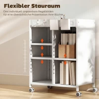 HOMCOM Bücherregal auf Rollen, 4-stufig, verstellbare Regalböden & Hängekörbe für Home Office und Wohnzimmer, Weiß(m-5)