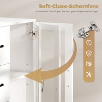 HOMCOM Modernes Sideboard mit Soft-Close-Türen, Buffetschrank mit 3 Schubladen, 2 Glastüren, verstellbare Regale, MDF, Weiß(m-6)