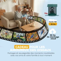 PawHut Mangeoire oiseaux avec caméra intelligente 2K coque acier anti-écureuil panneau solaire 30 x 34,5 x 26,3 cm vert(m-6)