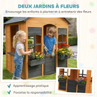 AIYAPLAY Cabane enfant extérieur en bois, maison enfant extérieure, demi-porte, fenêtres, bacs à fleurs, 3-8 ans, marron clair(m-5)