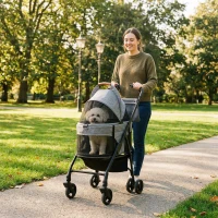 PawHut Poussette pour Chien Pousse-Chien 3 en 1 Détachable Pliable Nacelle Amovible et Sans Fermeture Éclair Suspension Gris(m-10)