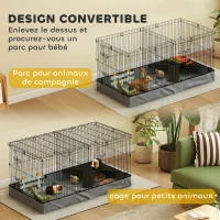 PawHut Cage pour petits animaux 2 en 1 avec dessus amovible enclos lapin 2 zones séparées rampe 121 x 61 x 61 cm en acier noir(m-4)