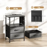 HOMCOM Couchtisch Beistelltisch mit Ladestation, Stahlrahmen, USB-C-Anschlüssen, Schubladen, Haken, 40cm x 30cm x 60cm Schwarz(m-3)