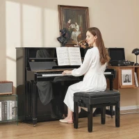 HOMCOM Banquette tabouret siège pour piano coffre intégré hauteur réglable bois hévéa assise revêtement synthétique noir(m-10)