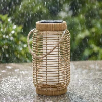 Outsunny Lot de 2 Lampadaire Extérieur Solaire en Résine Tressée Luminaire LED de Jardin en Acier Marche/Arrêt Automatique Sable(m-7)