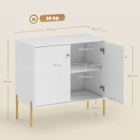 HOMCOM Buffet salon, meuble de rangement avec double porte cannelée, étagère réglable, pieds en acier, 80 x 39,1 x 76 cm, blanc(m-3)