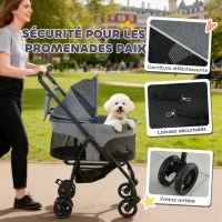 PawHut Poussette pour Chien Pousse-Chien 3 en 1 Détachable Pliable Nacelle Amovible et Sans Fermeture Éclair Suspension Gris(m-6)