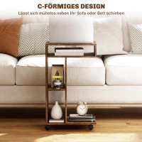 HOMCOM Beistelltisch, C-förmiger Servierwagen, 4 Rollen, 3 Fächer, 40 x 30 x 69 cm, Rustikal-Braun(m-6)
