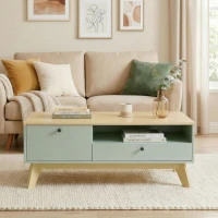 HOMCOM Table basse de salon, table d'appoint rectangulaire avec tiroir, porte et compartiment ouvert, vert clair et chêne(m-9)