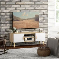 HOMCOM Meuble TV meuble télé bois banc TV jusqu'à 50 pouces avec étagères, 2 placards et passe-câbles, chêne(m-10)