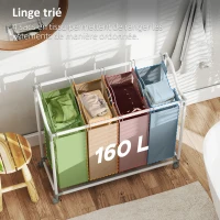 HOMCOM Panier à linge mobile, chariot linge sale, corbeille à roulettes avec 4 sacs amovibles, 4 x 40L, 97 x 38 x 81 cm, gris(m-4)
