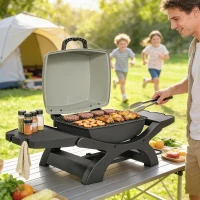 Outsunny Barbecue électrique extérieur 2300W, barbecue de table portable avec grilles émaillées, étagères latérales, noir(m-10)