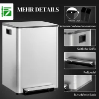 HOMCOM Mülleimer mit 2x30L Fächern, Soft-Close-Deckel, Fingerabdrucksicher, Edelstahl, Silber(m-7)