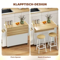 HOMCOM Kücheninsel, Küchenwagen auf Rollen, mit abklappbarer Arbeitsplatte, Schublade, Ablage, 120 x 68 x 85 cm, Weiß(m-4)