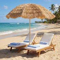 Outsunny Parasol de plage Ø 1,85 m, grand parasol inclinable, style hawaïen, hauteur du mât réglage, sac de transport , kaki(m-10)